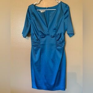 Kay Unger blue satin ruched side shirt sleeve cocktail dress size 10